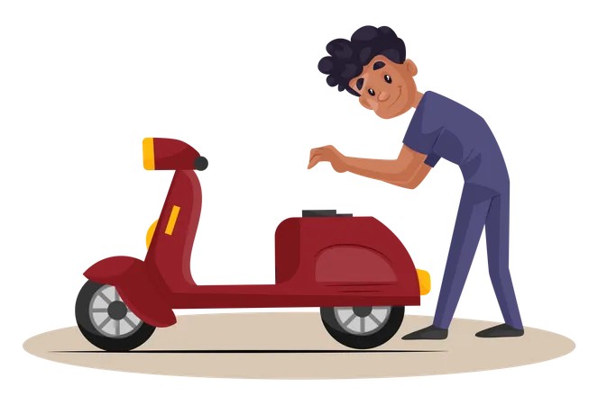 Indian Mechanic checking petrol tank of scooter  Illustration