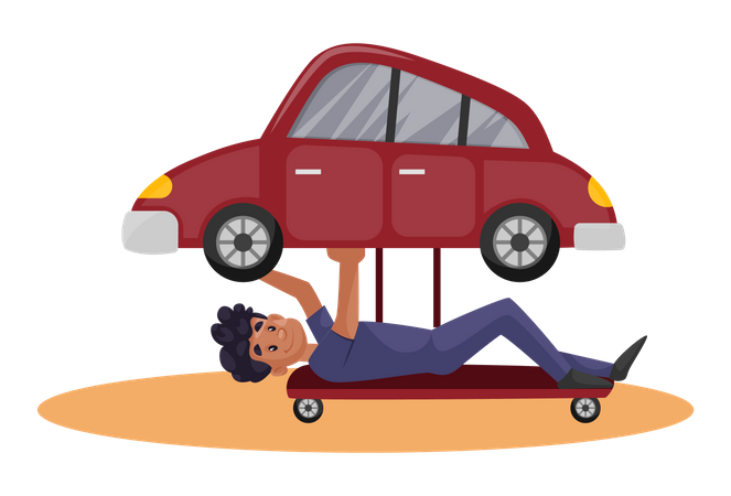 Indian Mechanic checking problem under car  Illustration