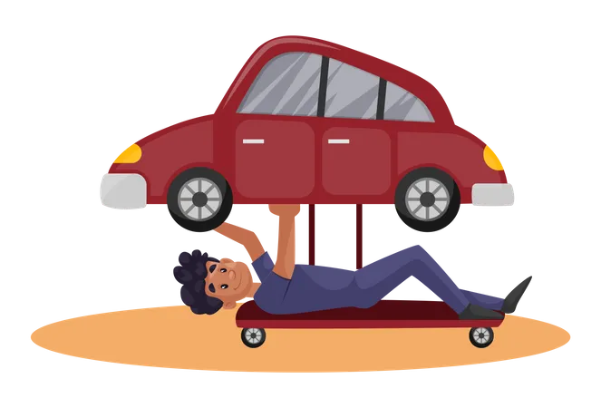 Indian Mechanic checking problem under car  Illustration