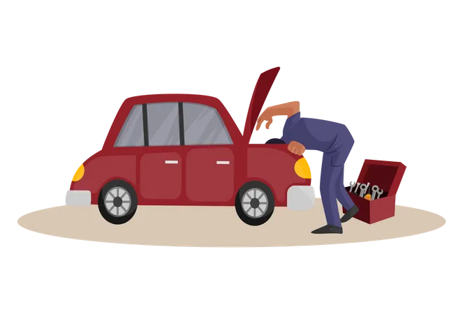 Indian Mechanic fixing car engine with tool box  イラスト