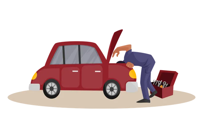 Indian Mechanic fixing car engine with tool box  Illustration