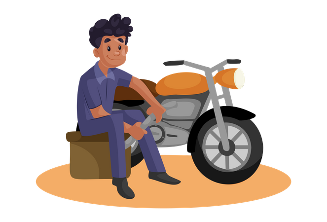 Indian Mechanic repairing motorcycle  Illustration
