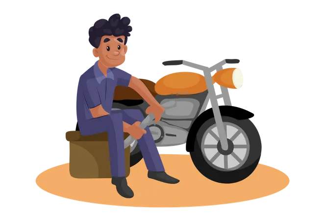 Indian Mechanic repairing motorcycle  Illustration