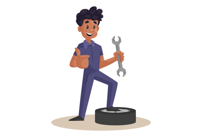 Indian Mechanic repairing wheel with wrench Illustration