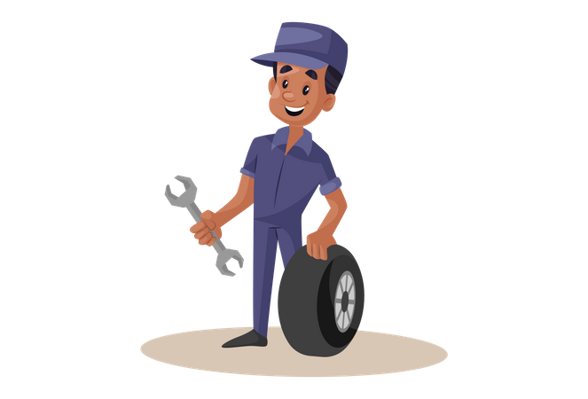 Indian Mechanic repairing wheel with wrench  Illustration