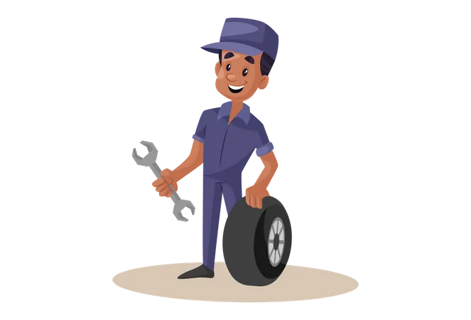 Indian Mechanic repairing wheel with wrench  Illustration