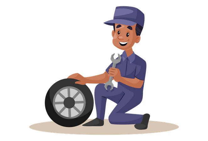 Indian Mechanic repairing wheel with wrench  Illustration