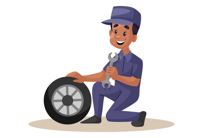 Indian Mechanic repairing wheel with wrench  Illustration