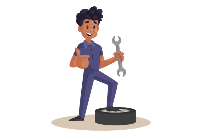 Indian Mechanic repairing wheel with wrench  Illustration