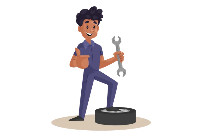 Indian Mechanic repairing wheel with wrench  Illustration