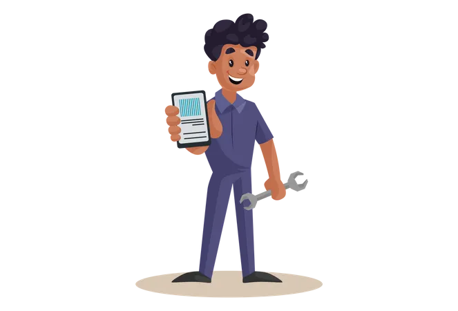 Indian Mechanic showing Smartphone for online app Illustration