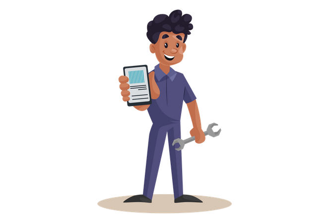 Indian Mechanic showing Smartphone for online app  Illustration