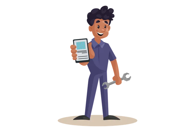 Indian Mechanic showing Smartphone for online app  Illustration