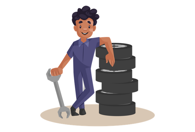 Indian Mechanic standing near wheels  Illustration