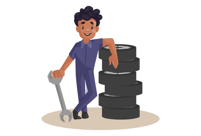 Indian Mechanic standing near wheels  Illustration