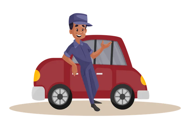 Indian Mechanic standing over repaired car  Illustration