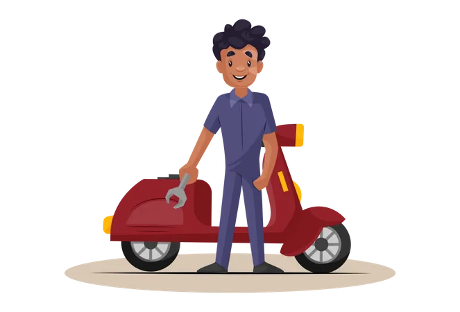 Indian Mechanic standing over repaired scooter holding wrench Illustration
