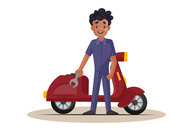 Indian Mechanic standing over repaired scooter holding wrench  Illustration