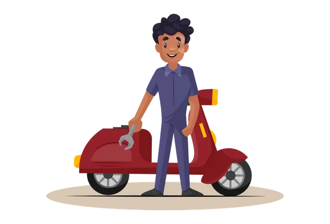 Indian Mechanic standing over repaired scooter holding wrench  Illustration