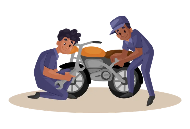 Indian Mechanics Repairing Motorcycle  Illustration