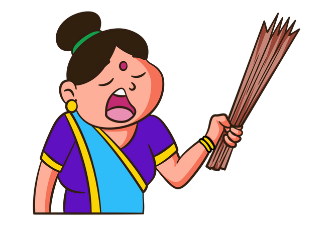 Indian mother holding broom in hand  Illustration