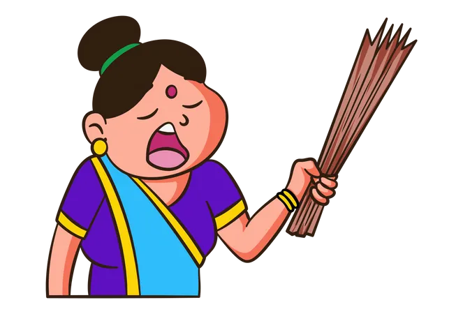 Indian mother holding broom in hand  Illustration