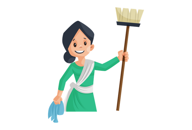 Indian Mother ready to cleaning house with mop in hand  Illustration