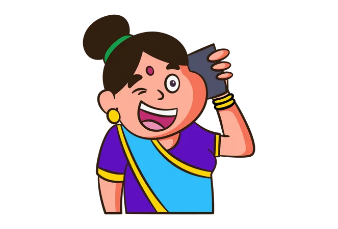 Indian mother talking on phone  Illustration