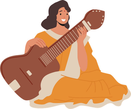 Indian Musician Woman Playing Sarangi Illustration