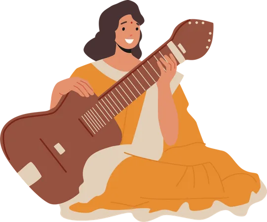 Indian Musician Woman Playing Sarangi  Illustration
