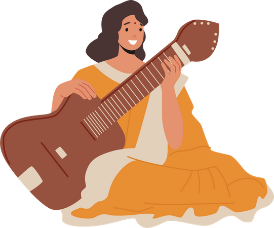 Indian Musician Woman Playing Sarangi  Illustration