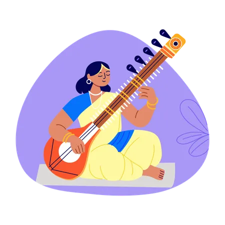 Indian Musician Woman Playing Sarangi  Illustration