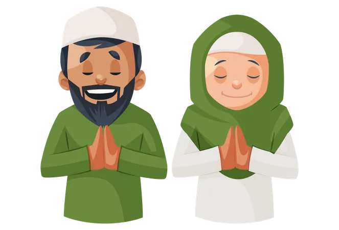 Indian Muslim couple praying to God Illustration