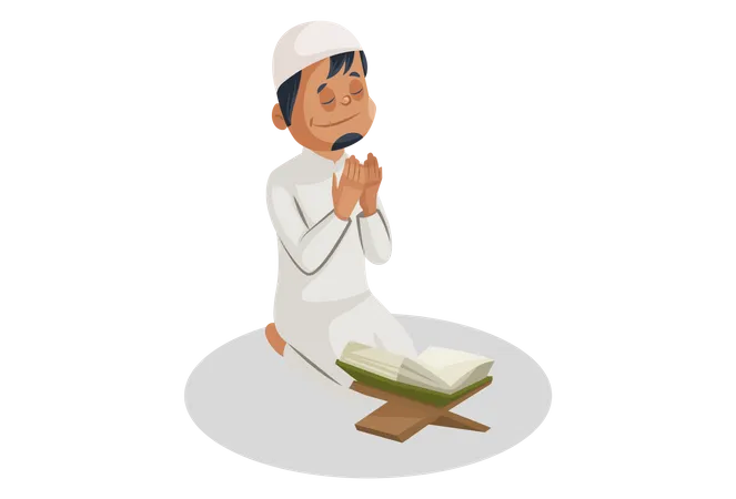 Indian Muslim man is reading the Quran and praying to god  Illustration