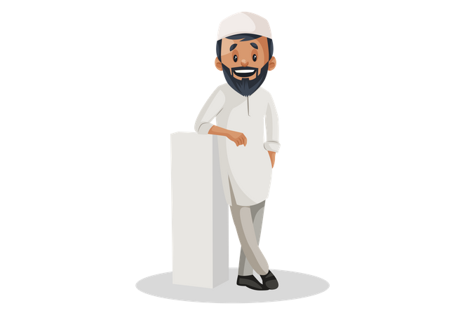 Indian Muslim man smiling and standing with white pillar  Illustration