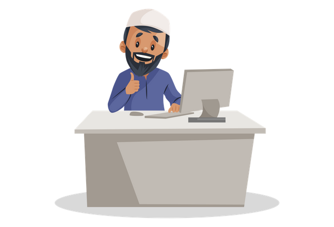 Indian Muslim man working on the computer  Illustration