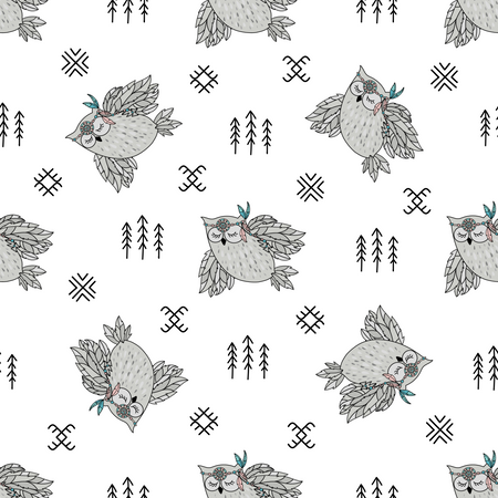 INDIAN OWL American Native Culture Ethnic Seamless Pattern  Illustration