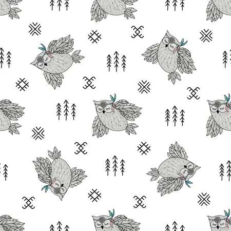 INDIAN OWL American Native Folk Ethnic Culture Seamless Pattern Vector Illustration For Print Fabric And Digital Paper Illustration