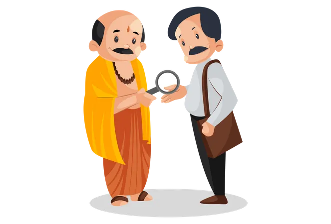 Indian pandit is seeing the palm of man with magnifying glass Illustration