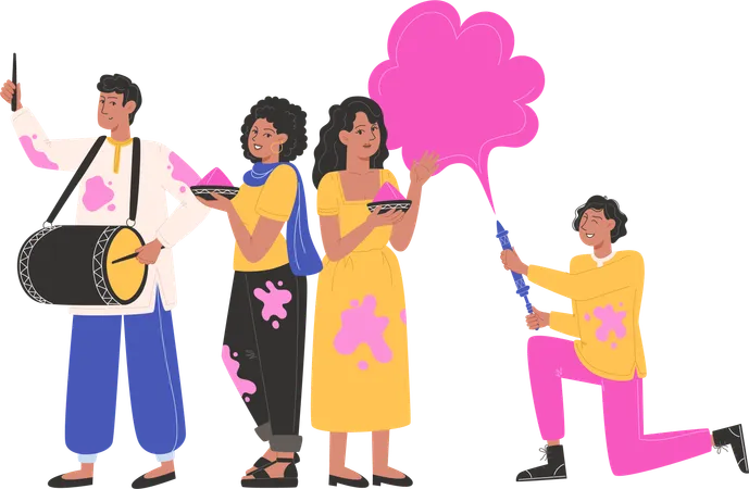Indian people celebrating holiday festival of colors  Illustration