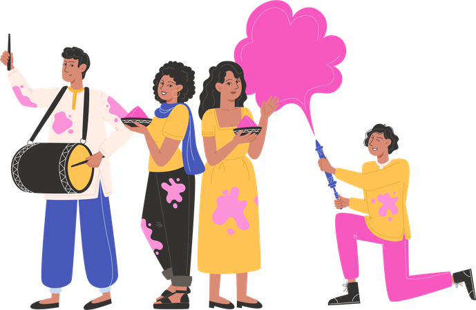 Indian people celebrating holiday festival of colors  Illustration