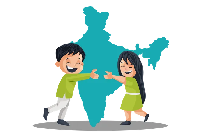 Indian People Celebrating Independence Day Indian map in background  Illustration