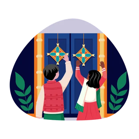 Indian people Decorating door  Illustration