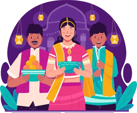 Happy Diwali Greetings Indian People In Traditional Clothing Celebrating Diwali Festival Of Lights Illustration