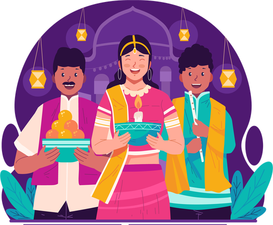 Indian people in traditional clothing celebrating diwali festival of lights  Illustration