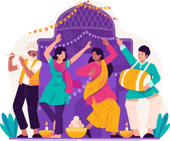 Indian People In Traditional Clothing Dancing To Celebrate Diwali The Traditional Hindu Festival Of Lights Illustration