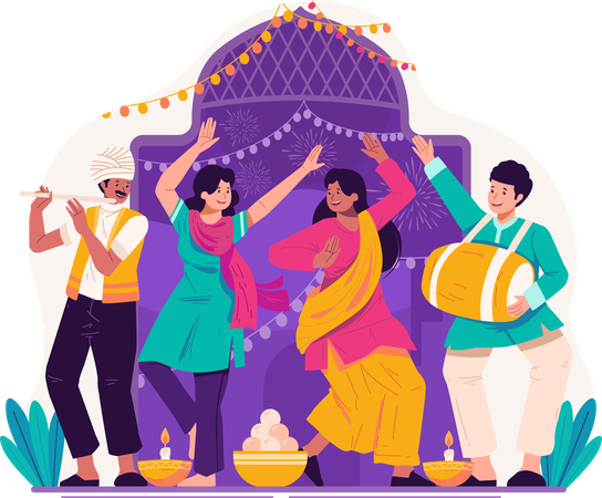 Indian people in traditional clothing dancing to celebrate diwali  Illustration