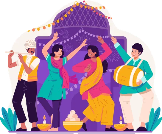 Indian people in traditional clothing dancing to celebrate diwali  Illustration