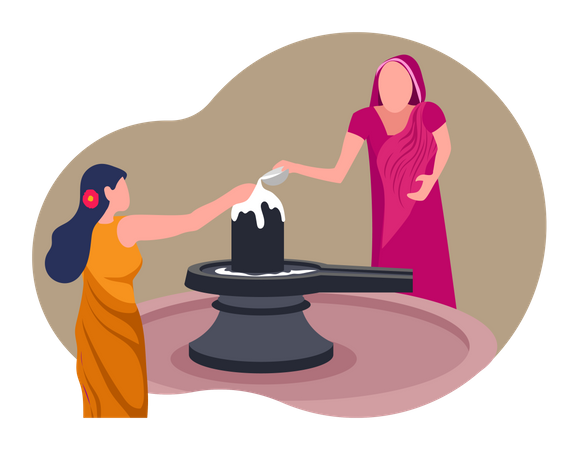 Indian people offering milk on the shiva shivling Illustration