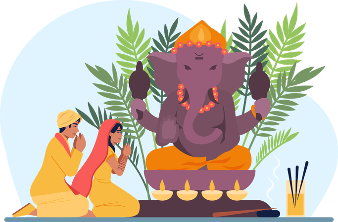 Indian people performing ganpati puja  Illustration